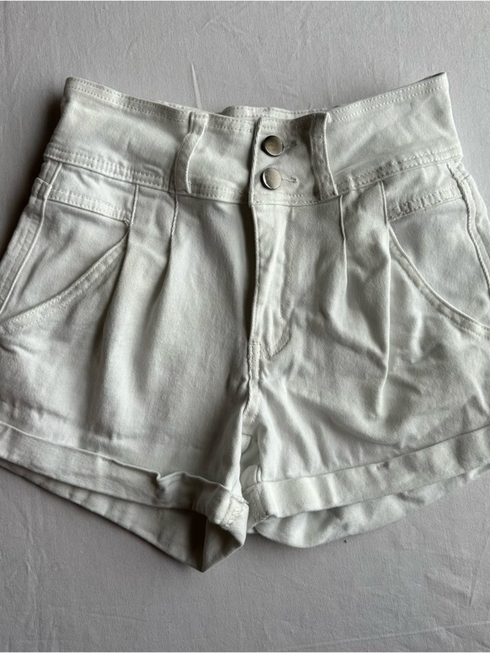 High Waisted Pleated White Denim Shorts with Wide Waistband - Picture 3 of 7